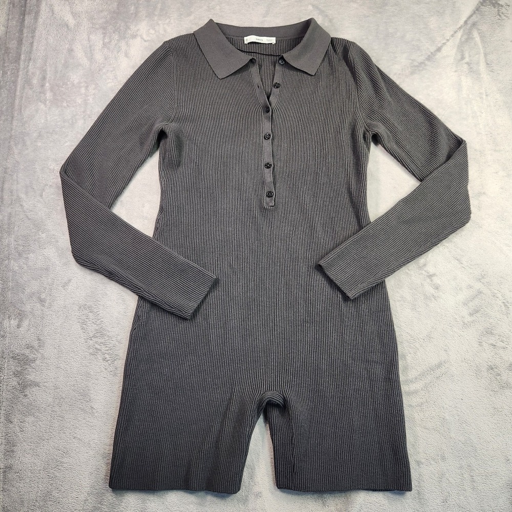 MNG Ribbed Knit Polo Romper Charcoal Gray XL Long Sleeve Shorts Bodysuit Mango